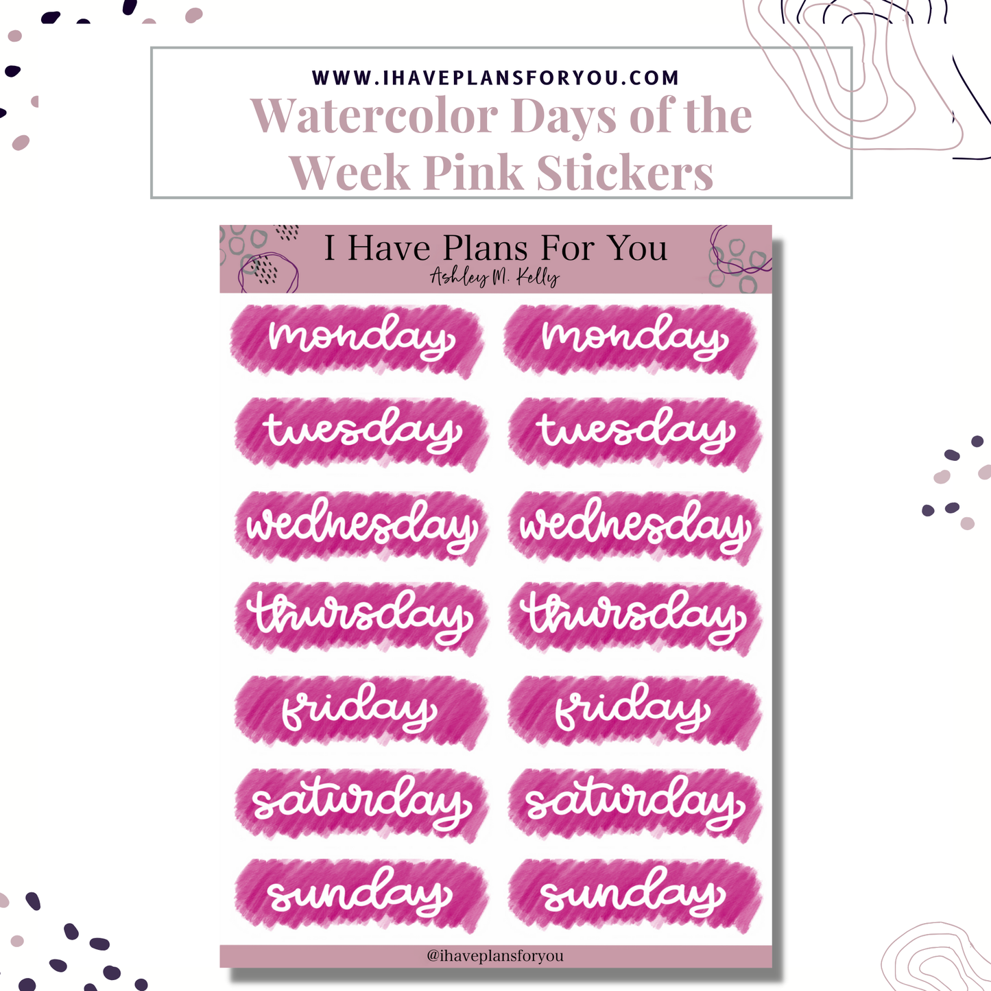 Watercolor Days of the Week Hand Lettered Stickers