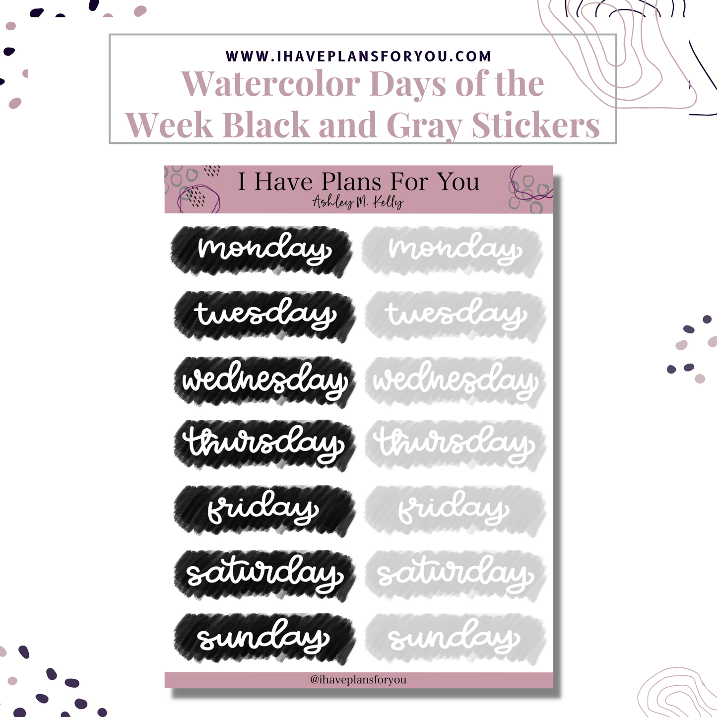 Watercolor Days of the Week Hand Lettered Stickers