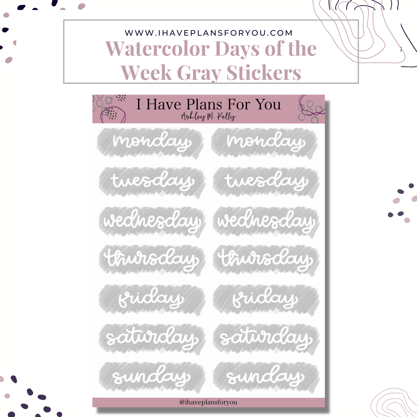 Watercolor Days of the Week Hand Lettered Stickers