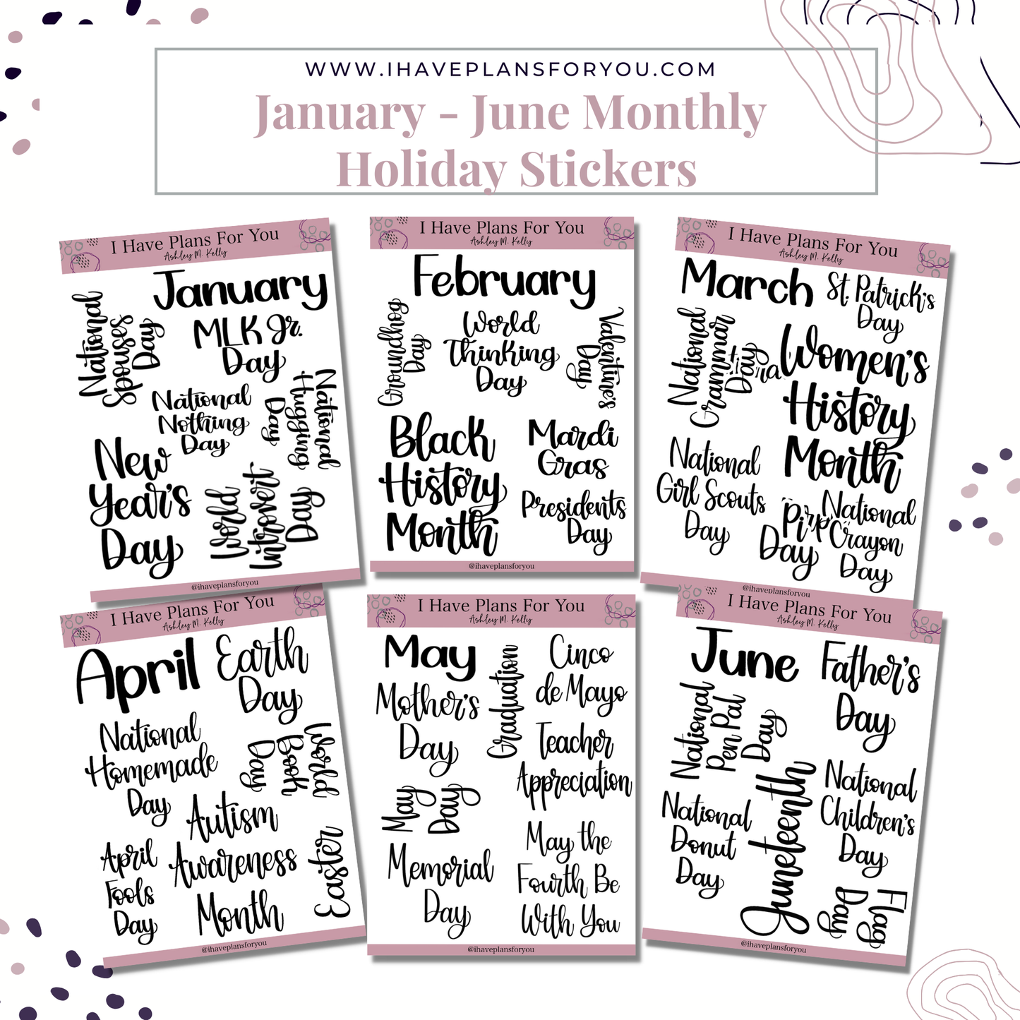 Monthly Holiday Stickers January - June Set