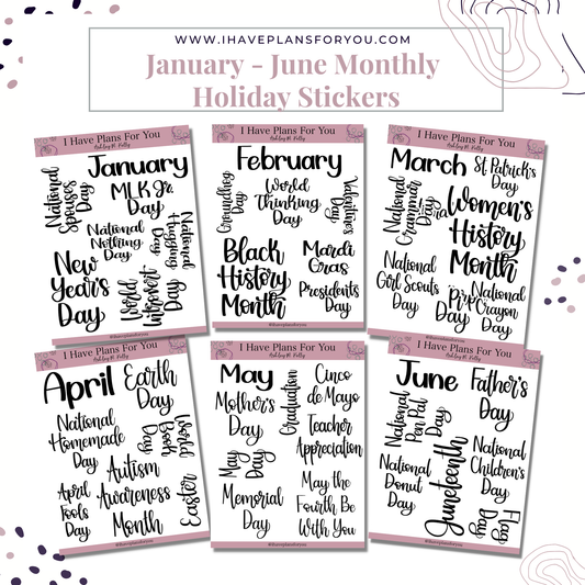 Monthly Holiday Stickers January - June Set